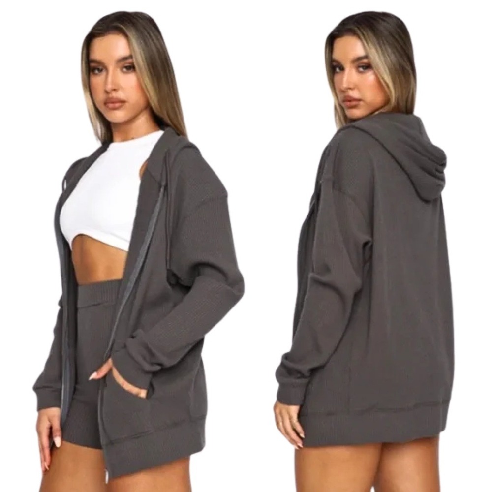 White Fox See It Clearly Hoodie Womens S/M Charcoal Gray Ribbed Zip Up‎ NEW